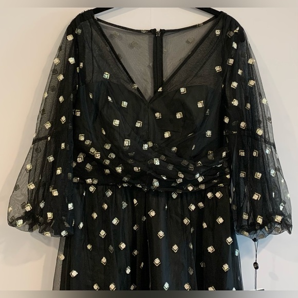 NWT, Adrianna Papell "Glitter Tulle Long Dress" in Black w/ Puff Sleeve, Size 8 - Picture 4 of 12